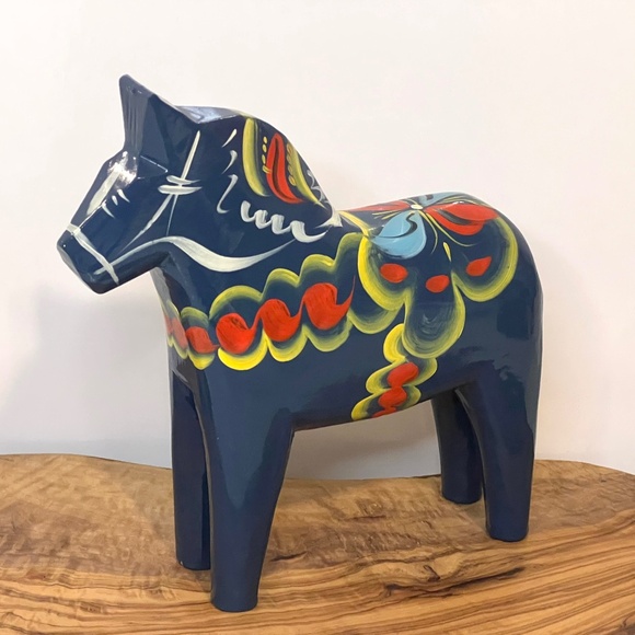 Nils Olsson Blue Dala Wood Swedish Horse 7” Inch Carved Hand Painted Vintage - Picture 1 of 16
